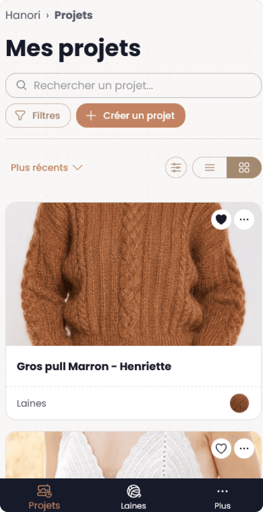 L'écran « Mes projets » de Hanori sur mobile : liste de projets de tricot avec photos, recherche et filtres