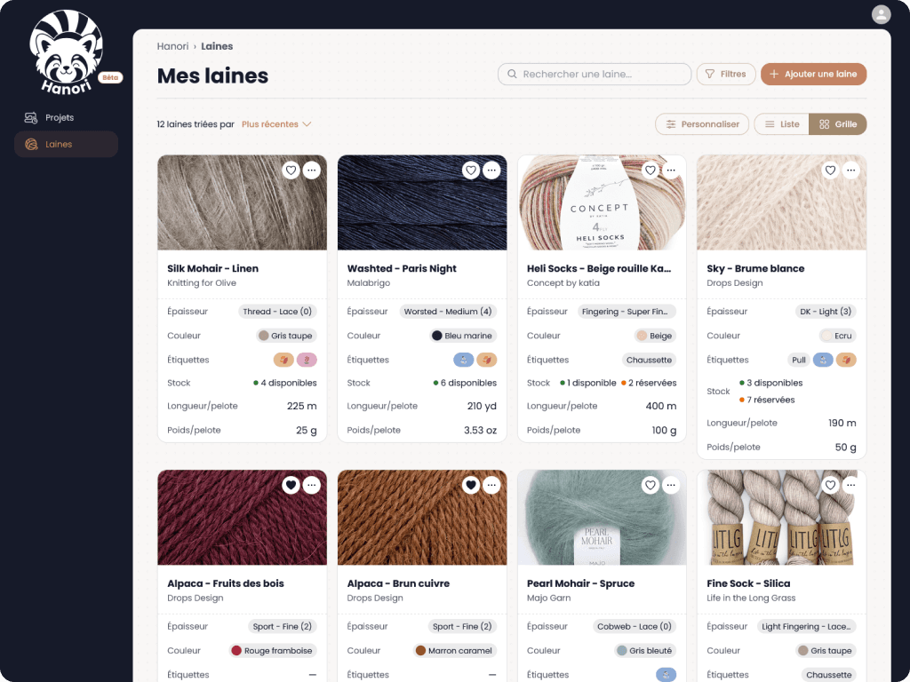 L'écran « Mes laines » de Hanori : chaque pelote avec épaisseur, couleur, métrage et stock disponible ou réservé
